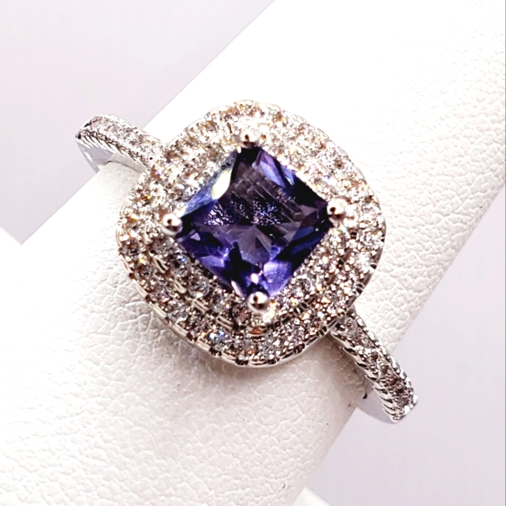 Purple Amethyst Double Diamond Halo Silver Tone Ring